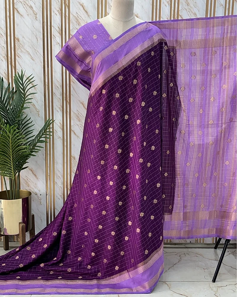 Semi Mysore Crepe (Checks, Shell Buttas) -