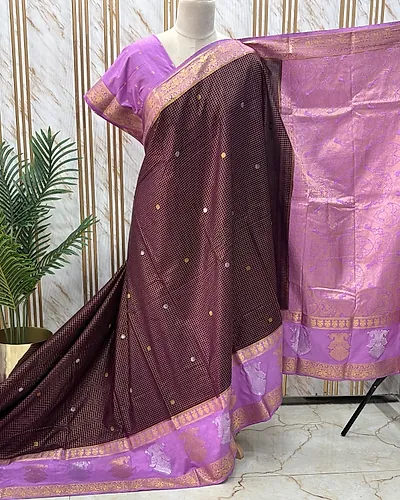 Semi Mysore Crepe (Silver & Golden Jari Gandaberunda Border)