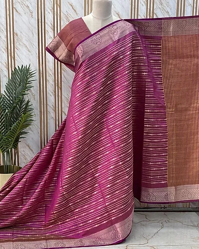Semi Tussar (Horizontal Line Flower Motifs Border)