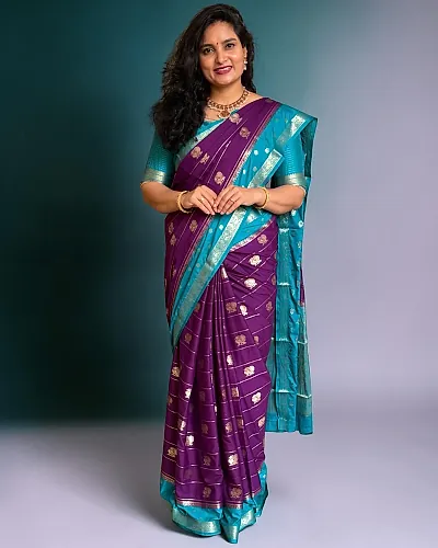 Semi Mysore Crepe (Premium, Horizontal Line with Mayuri Motifs)