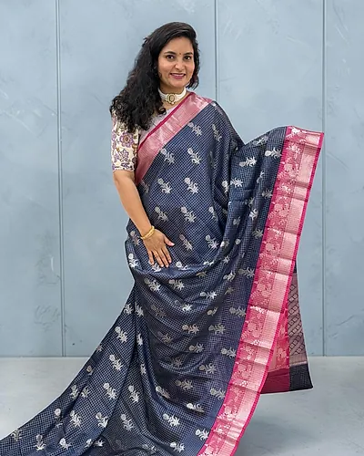 Banarasi Semi Katan (Checks and Floral Motifs)