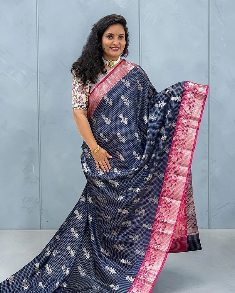 Banarasi Semi Katan (Checks and Floral Motifs) -